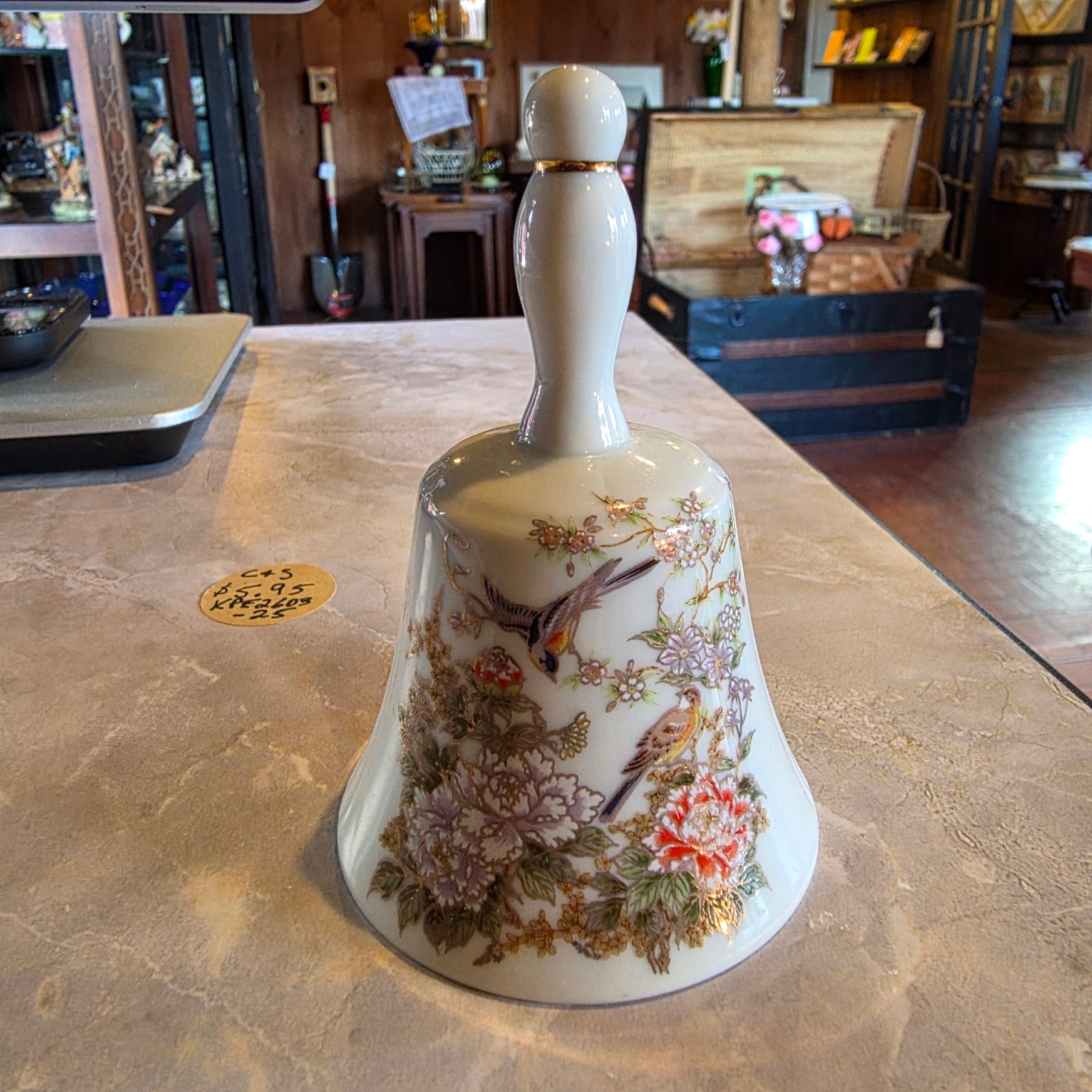 Vintage Maruel Japan Hand-Painted Porcelain Bell, Birds & Flowers Motif, Collectible Decor