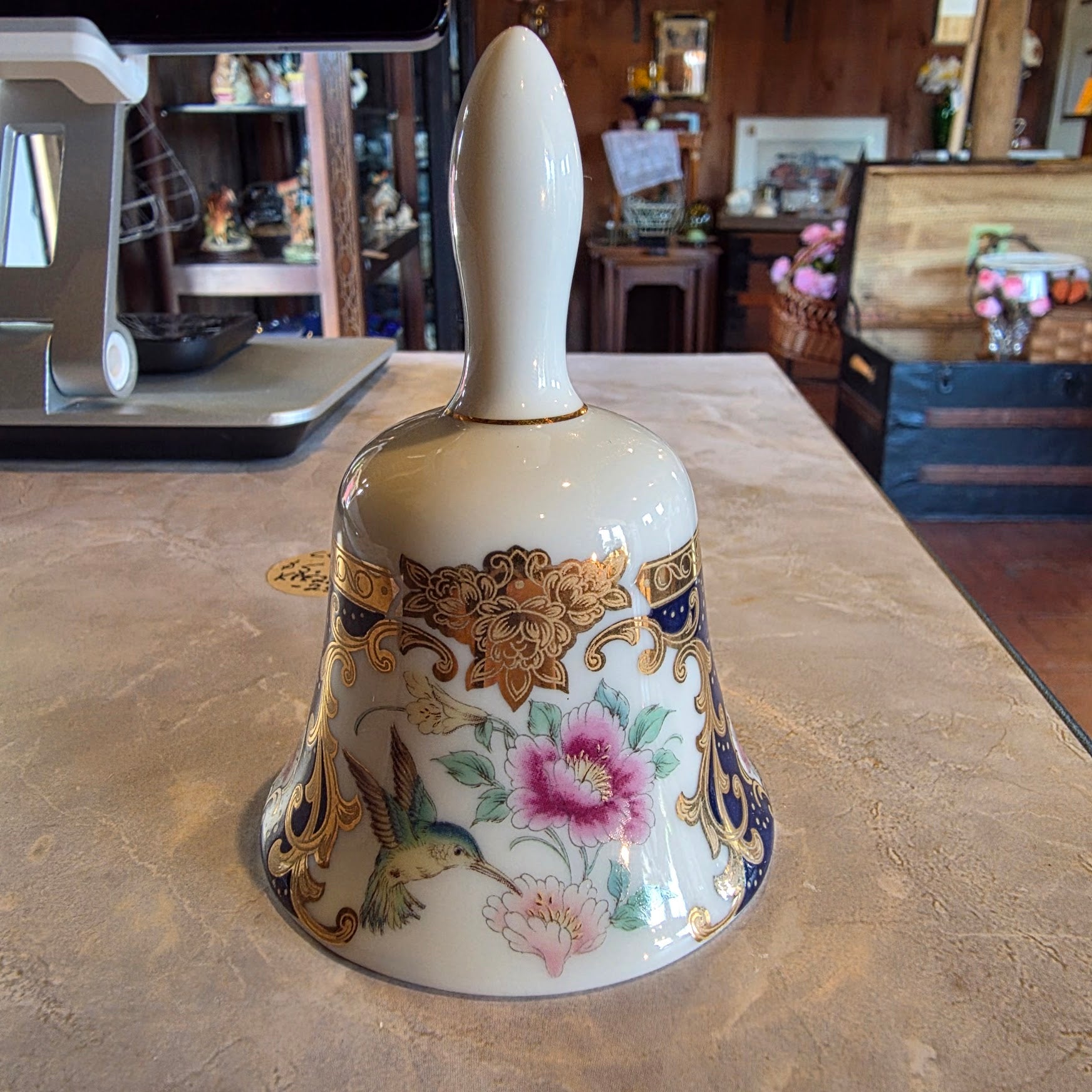 Vintage Tozan Japan Porcelain Bell | Hand-Painted Hummingbird & Floral Design with Blue & Gold Trim