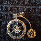 Vintage Silver Tone Rhinestone Penny Farthing Bicycle Brooch Pin Spinning Wheel