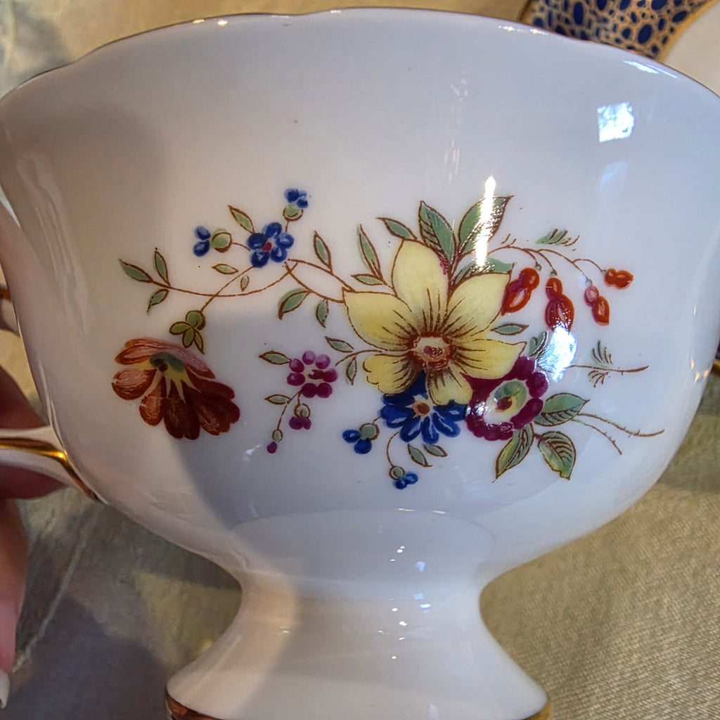 Vtg. Aynsley English Bone China cup & saucer - cobalt blue & heavy gold gilt filigree- floral interior