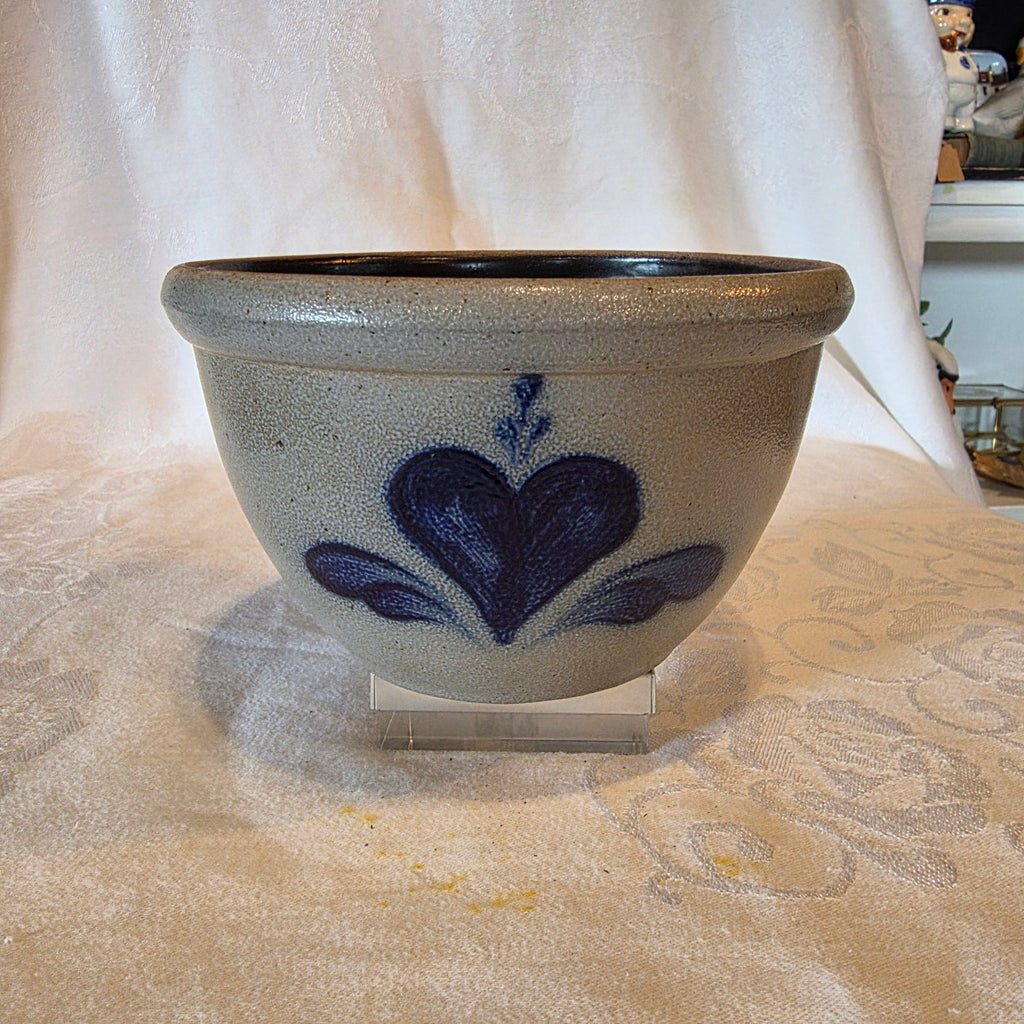 Rowe Pottery Works 1990 Salt Glaze Mixing Bowl 7" Blue Heart Vintage Stoneware