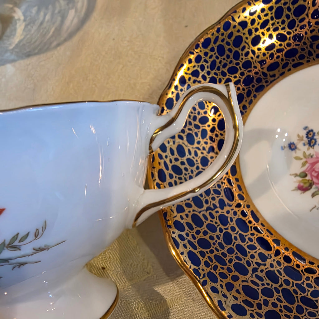Vtg. Aynsley English Bone China cup & saucer - cobalt blue & heavy gold gilt filigree- floral interior