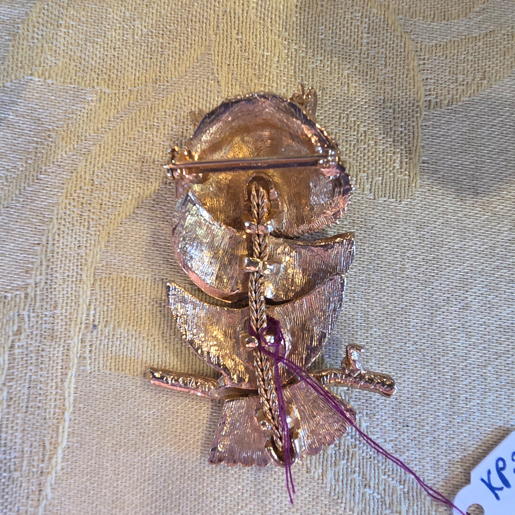 Vintage Signed Napier Articulated Owl Brooch - 1970s Gold Tone with Green Rhinestone Eyes