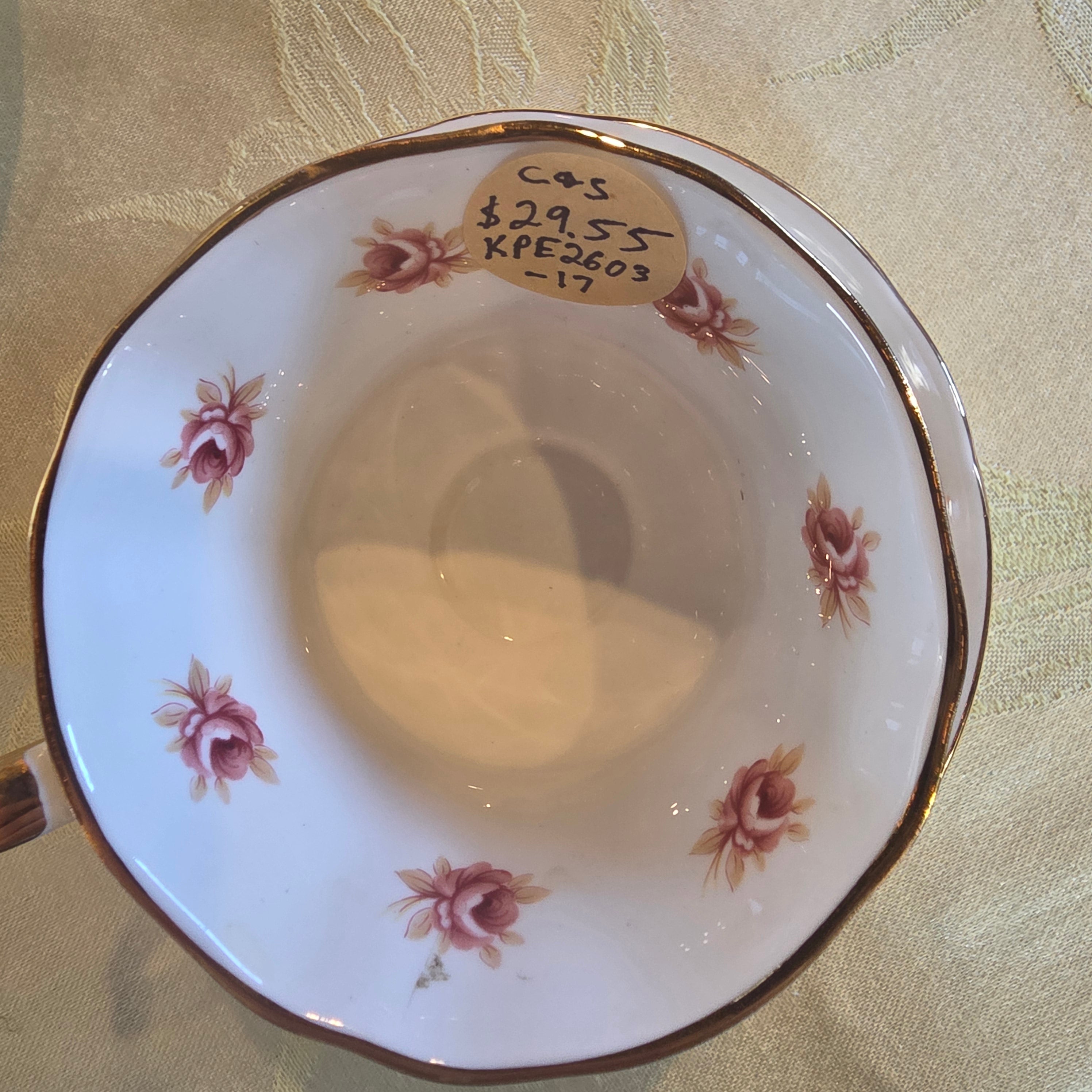 Paragon Pembroke F Black & Gold Cup and Saucer – Pink Floral Center, Vintage Bone China England, Heavy Gilt