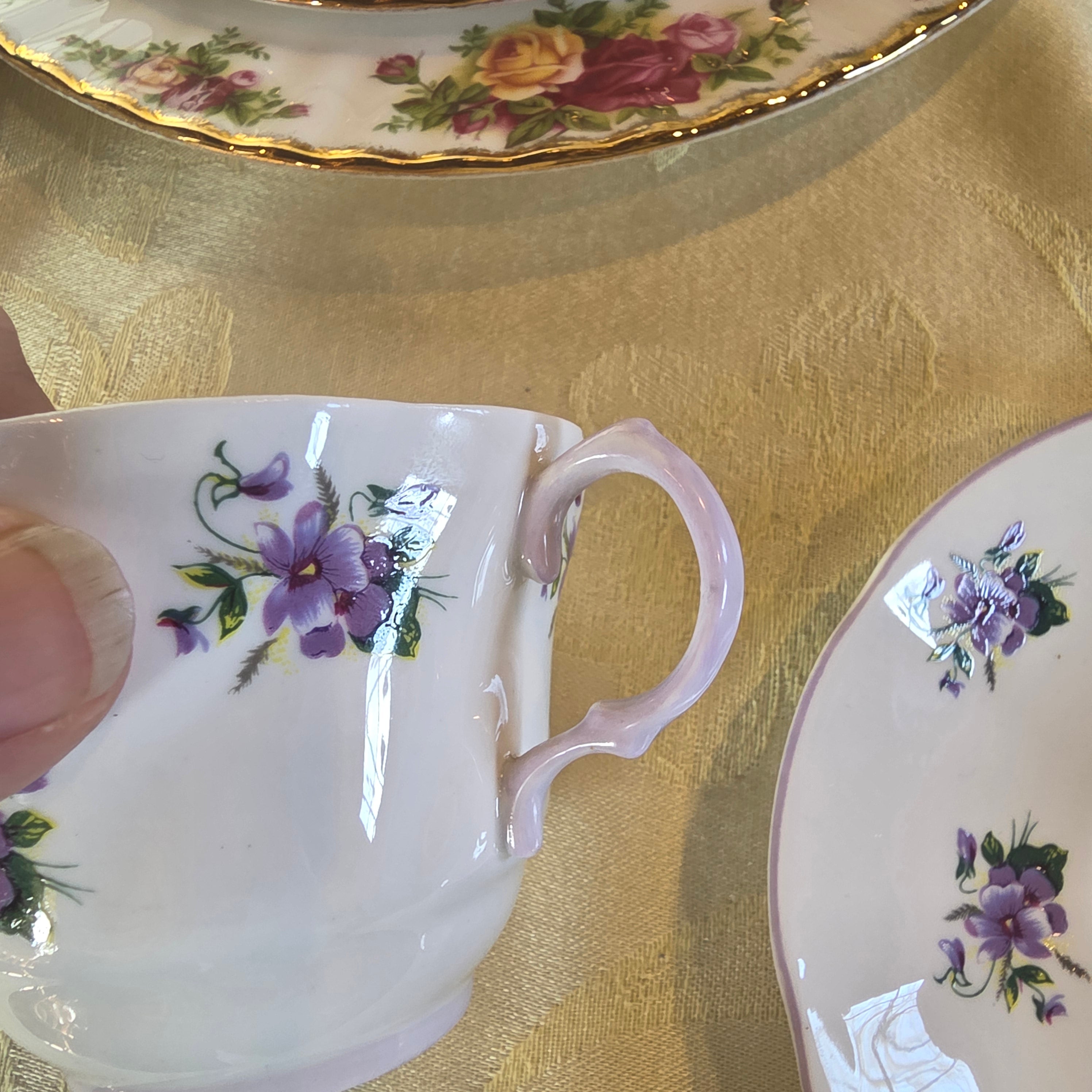 Vintage Rosina Bone China Teacup & Saucer Set - Purple Violets
