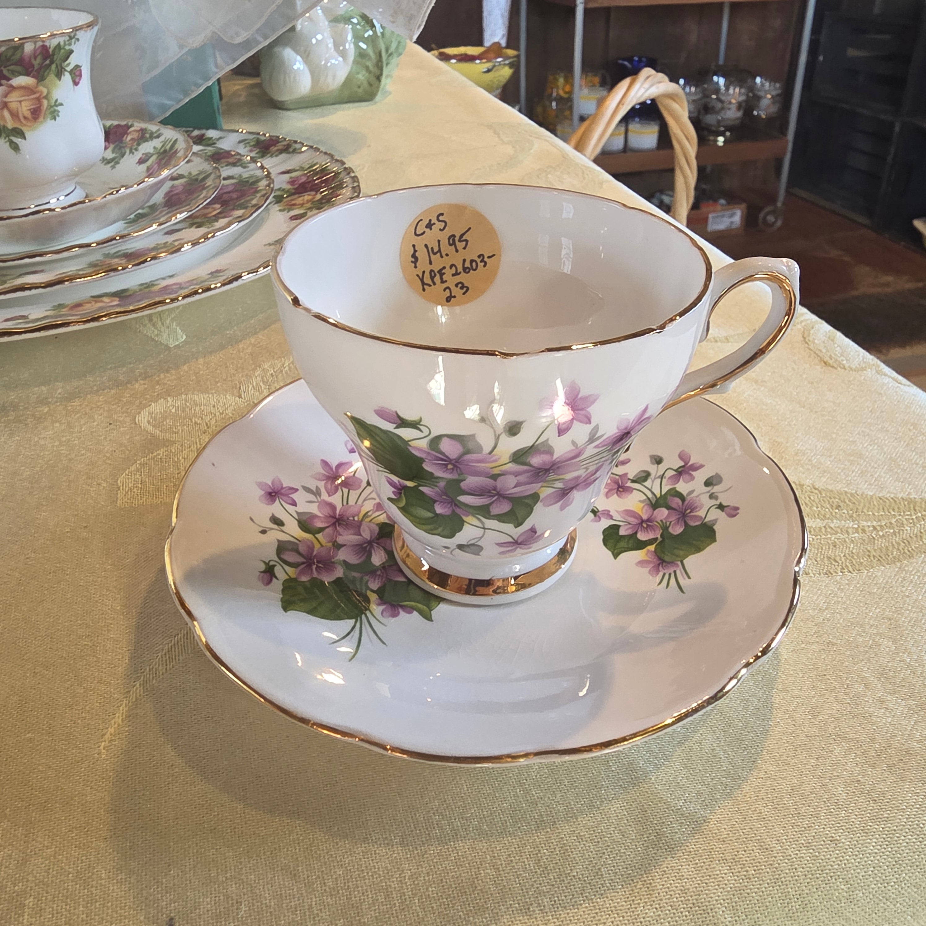 Vintage Royal Sutherland Bone China Teacup & Saucer Set | Staffordshire England Purple Violets Floral Gold Trim