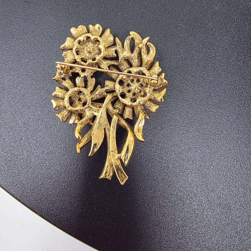 1960's MONET Flower Brooch with faux Pearls & Rhinestones Signed EUC