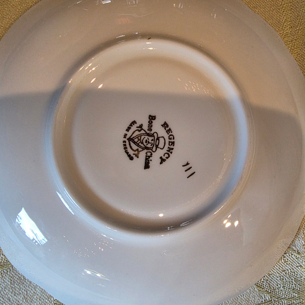Vintage Regency Bone China cup & saucer gold filigree lace, light blue England
