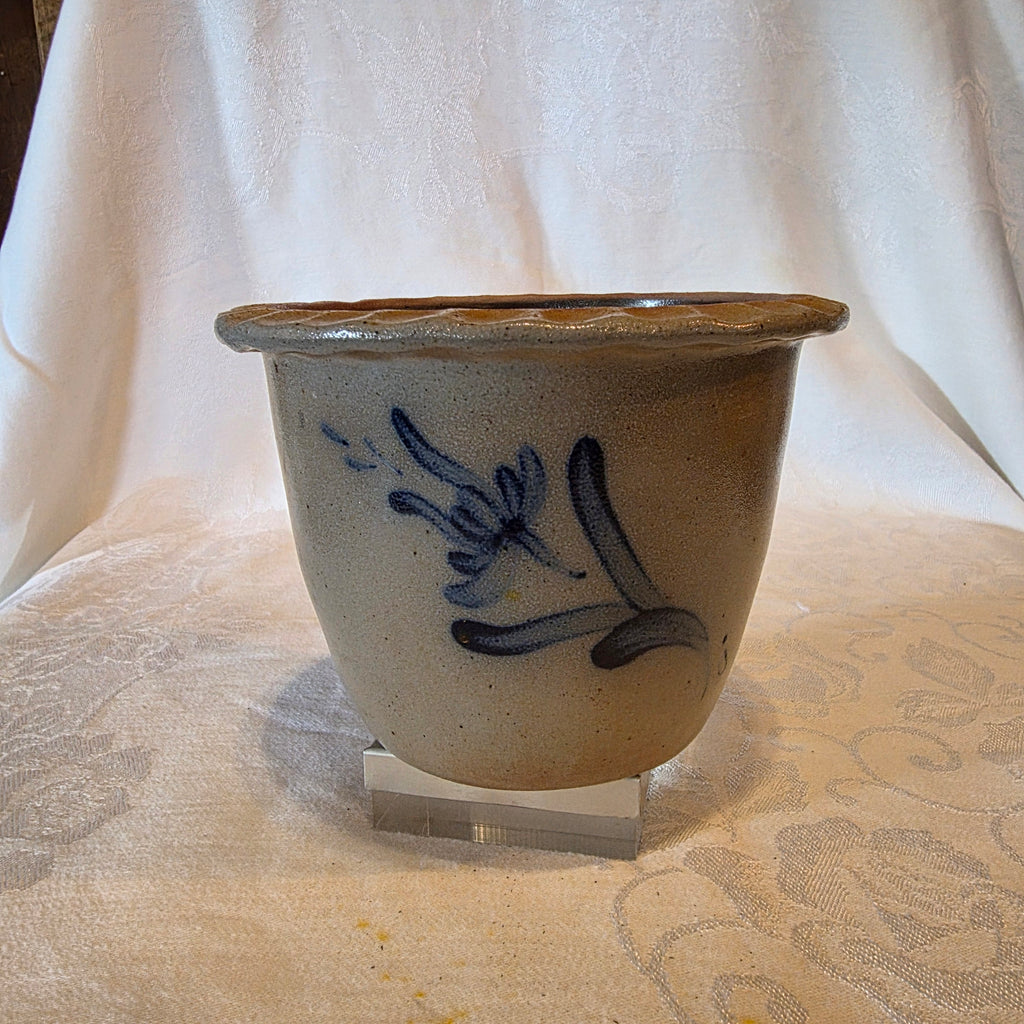 Rowe Pottery Works Salt Glaze Planter Flower Pot Vintage Stoneware Blue Floral