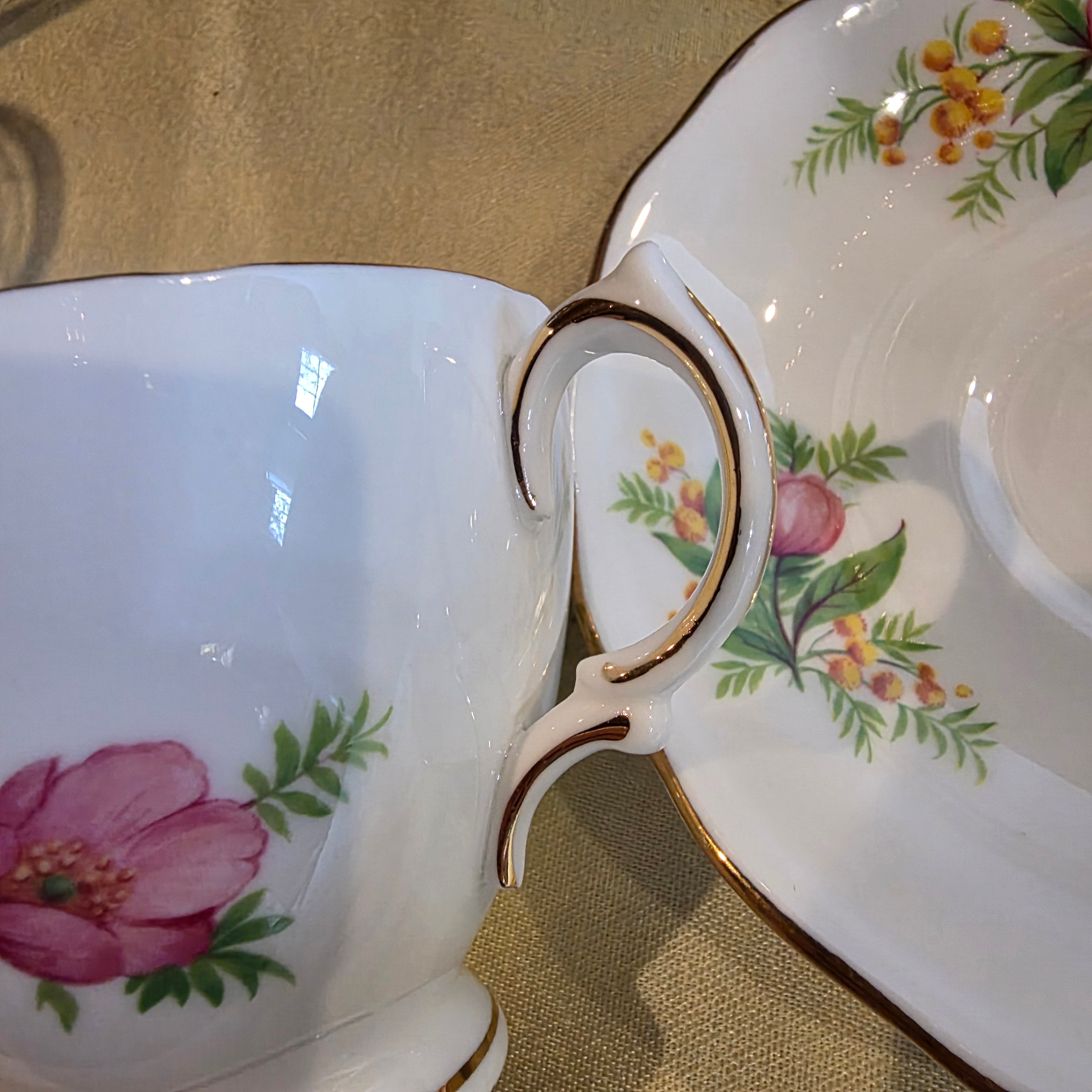 Vtg. English Bone China Royal Vale Cup & Saucer Pink Wild Rose with Gold Gilt Rim