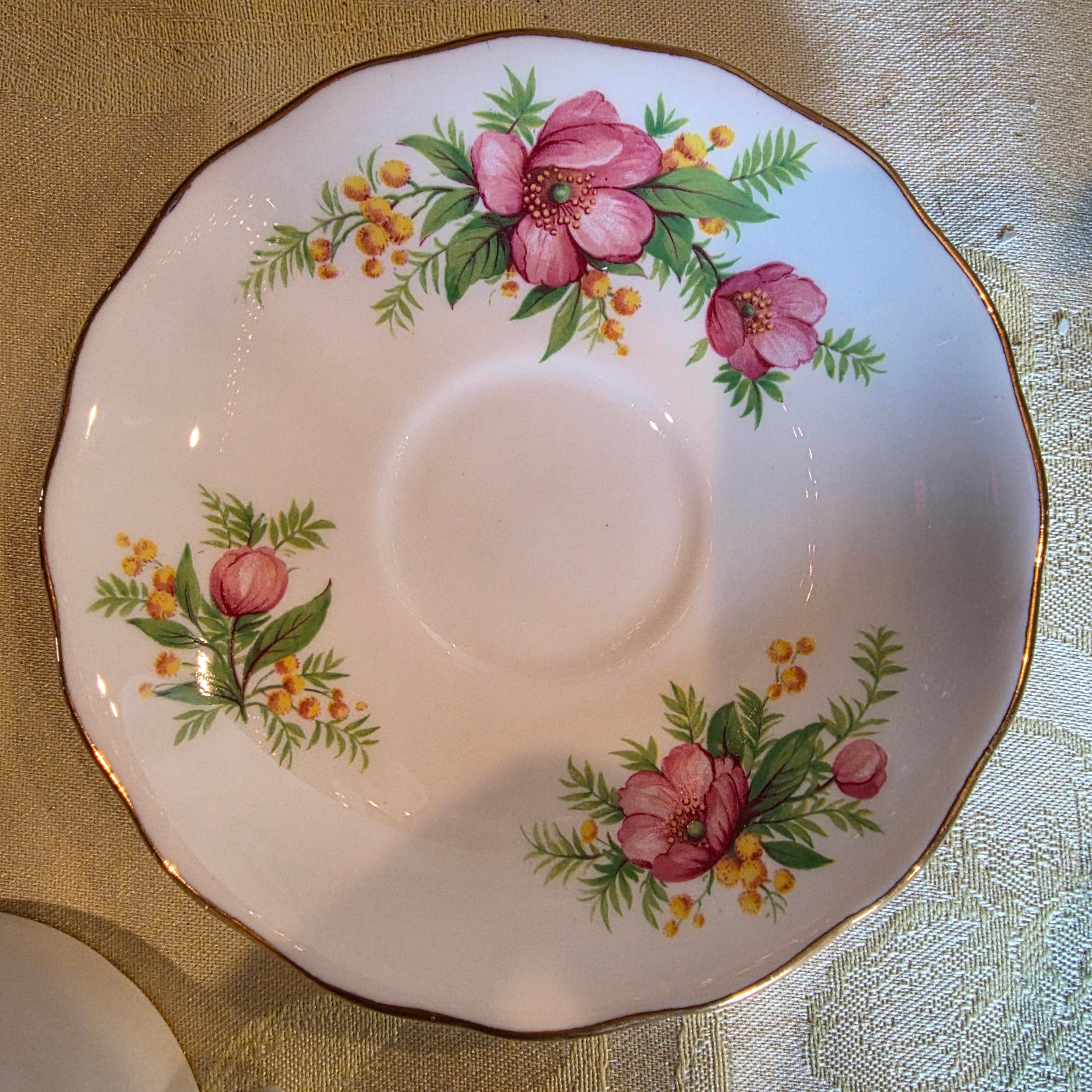 Vtg. English Bone China Royal Vale Cup & Saucer Pink Wild Rose with Gold Gilt Rim