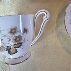 Vintage Queen Anne "Terra Nova" Bone China Teacup & Saucer Set, Brown Floral Transferware