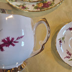 Vintage Royal Vale Fine Bone China Teacup & Saucer Set – Burgundy Floral Pattern with Gold Trim – Made in England