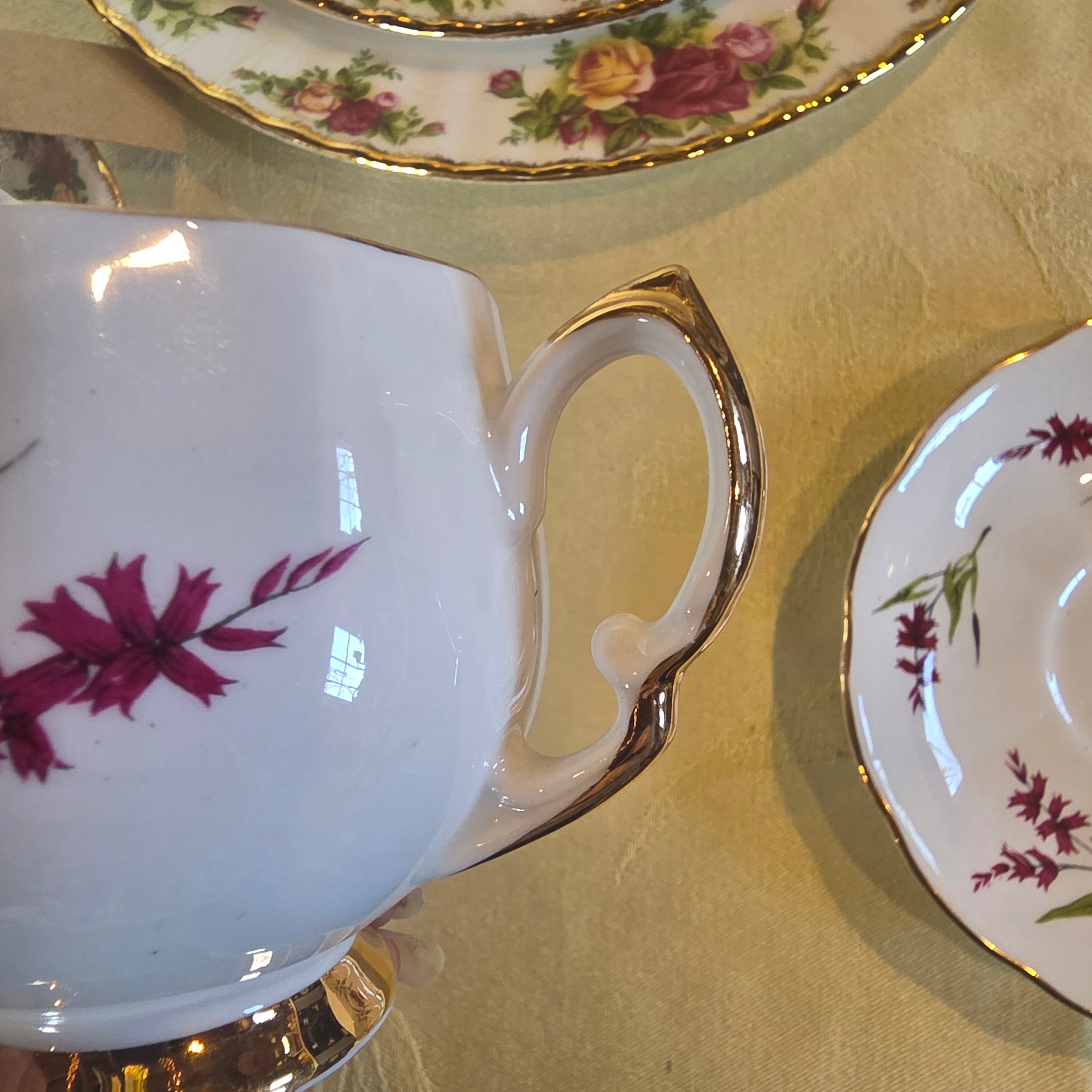 Vintage Royal Vale Fine Bone China Teacup & Saucer Set – Burgundy Floral Pattern with Gold Trim – Made in England