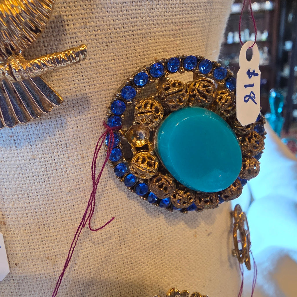 Vintage Faux Turquoise & Blue Rhinestone Gold Filigree Brooch