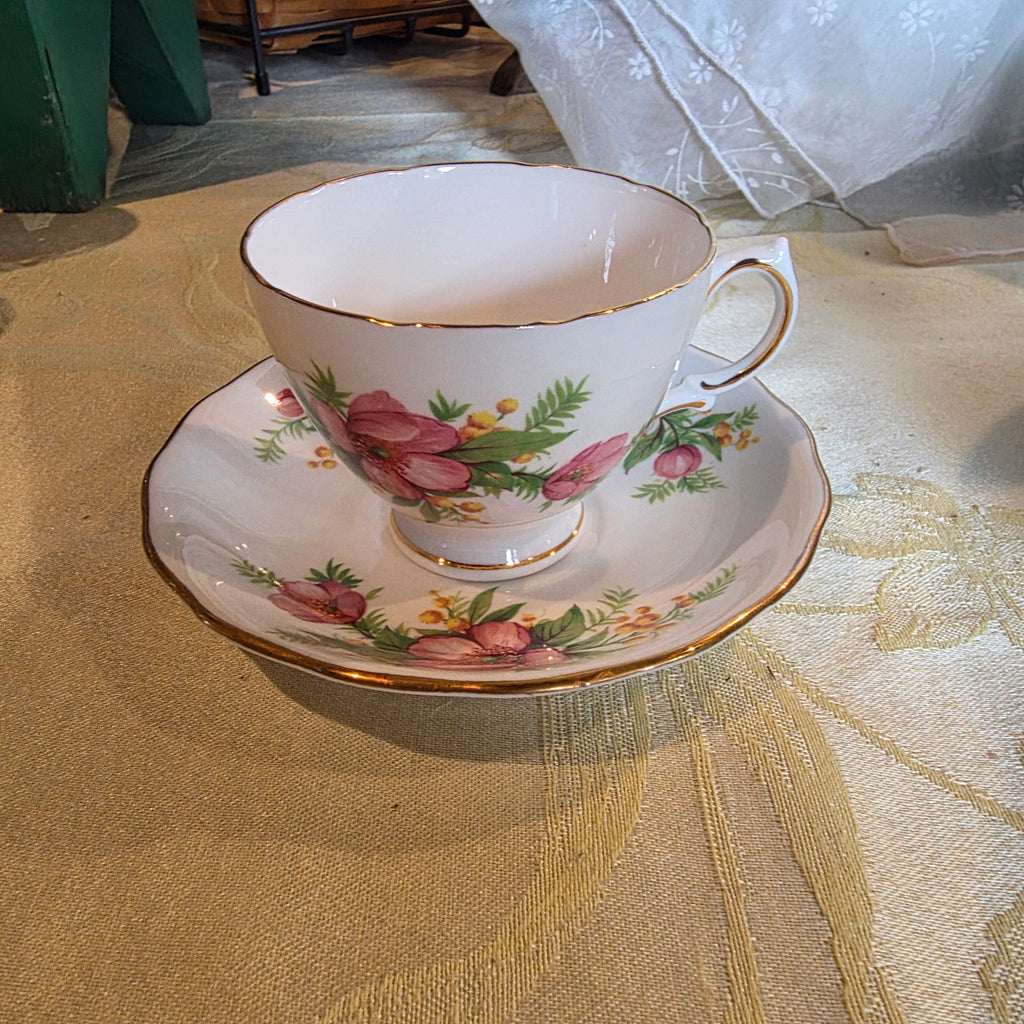 Vtg. English Bone China Royal Vale Cup & Saucer Pink Wild Rose with Gold Gilt Rim