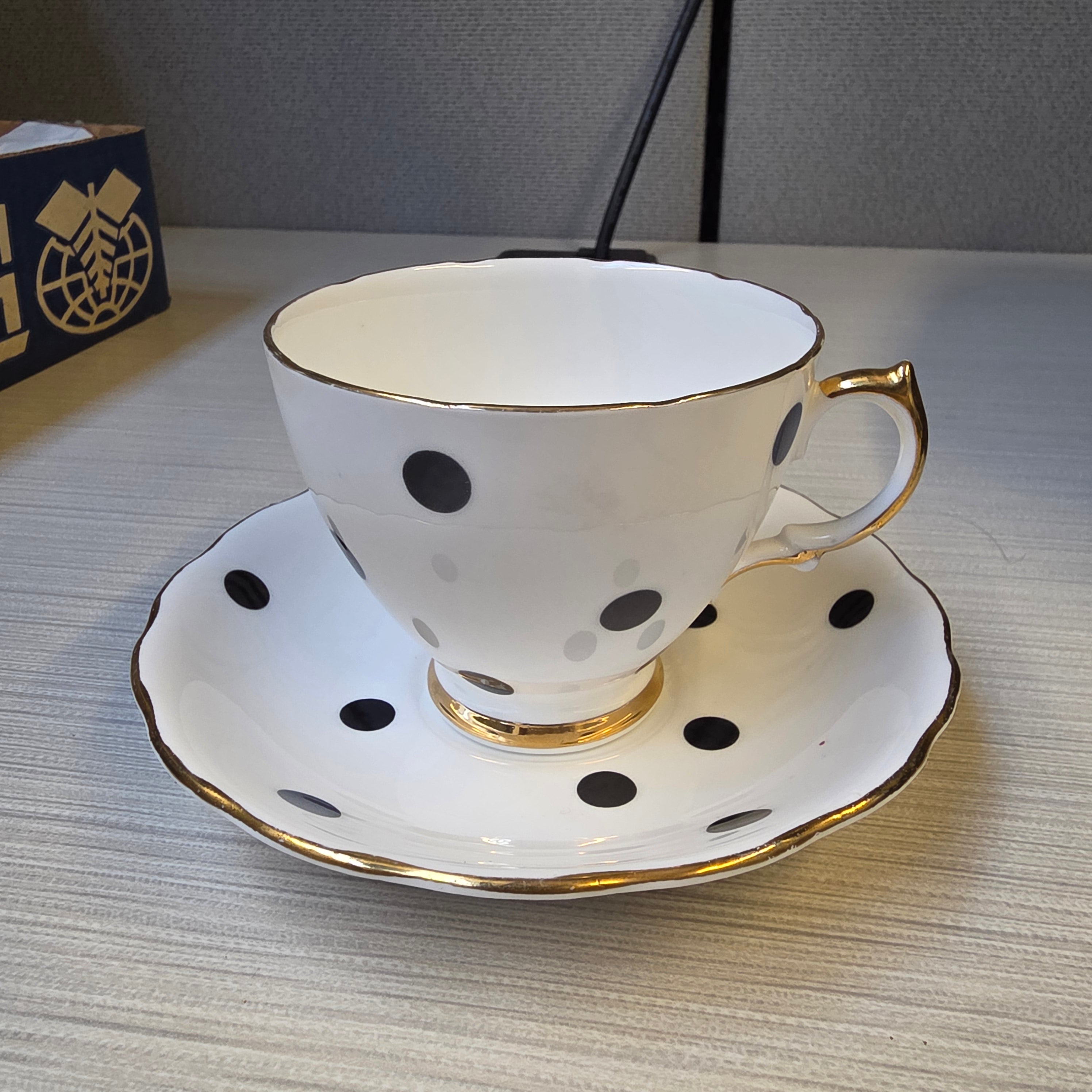 Vintage Royal Vale Black Polka Dot Bone China Teacup & Saucer Set | Elegant Gold Trim Afternoon Tea