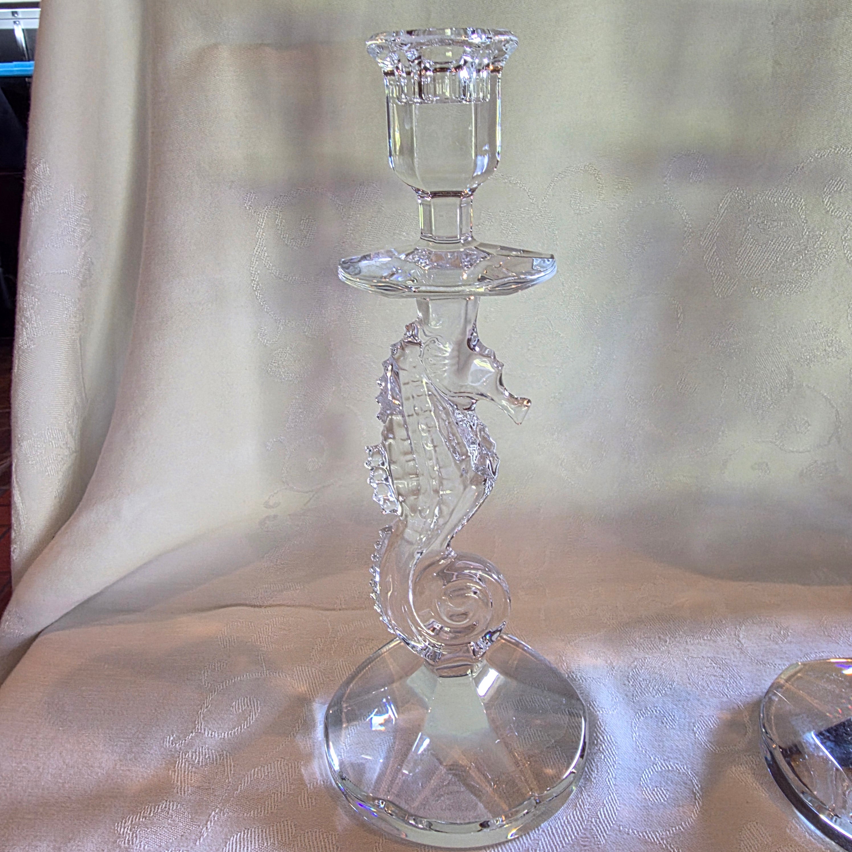 Waterford Crystal Seahorse Candlestick Holders 11.5" Pair Oceania Figural Signed