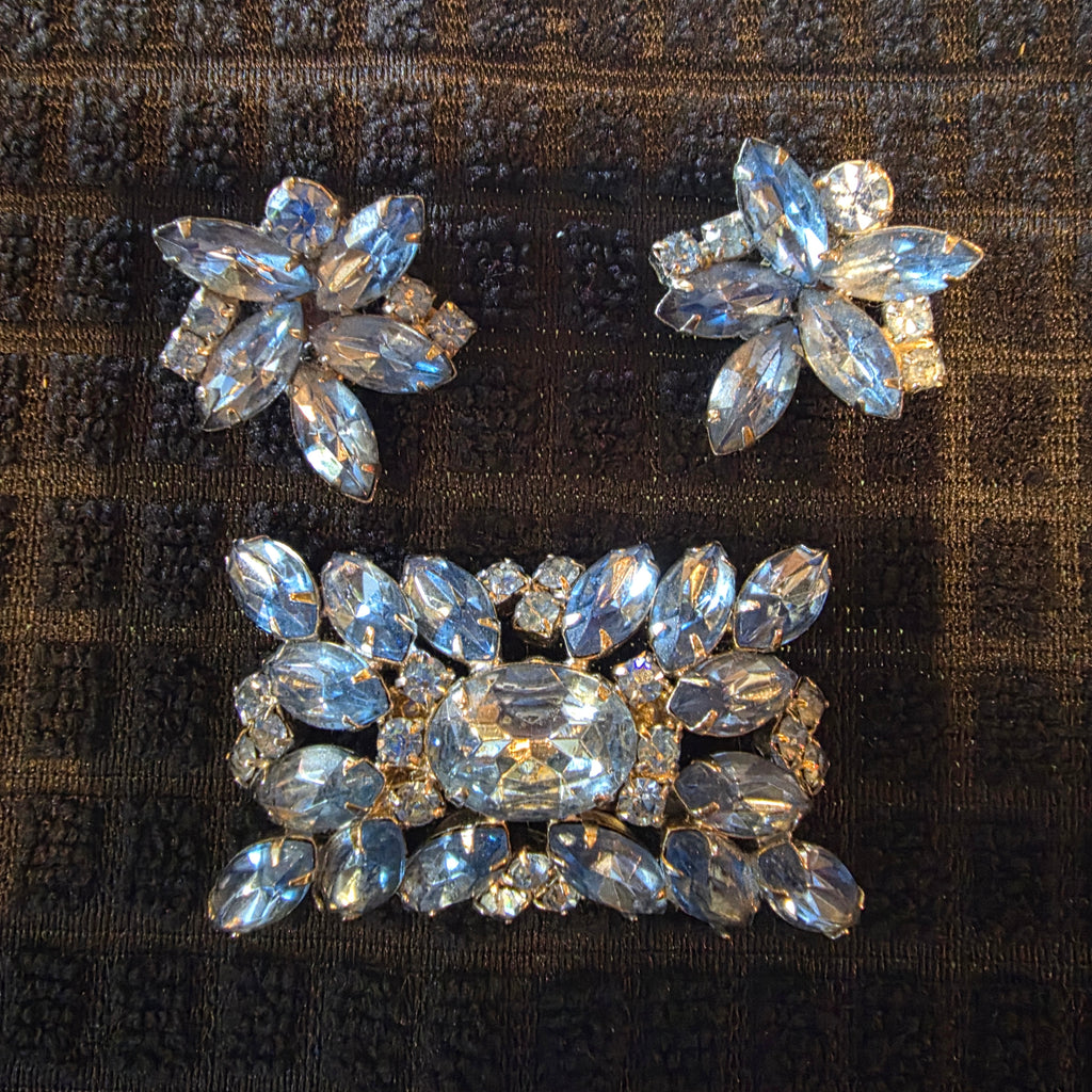 Vintage Judy Lee(?) Blue Rhinestone Brooch Earring Set Mid Century Marquise Jewelry