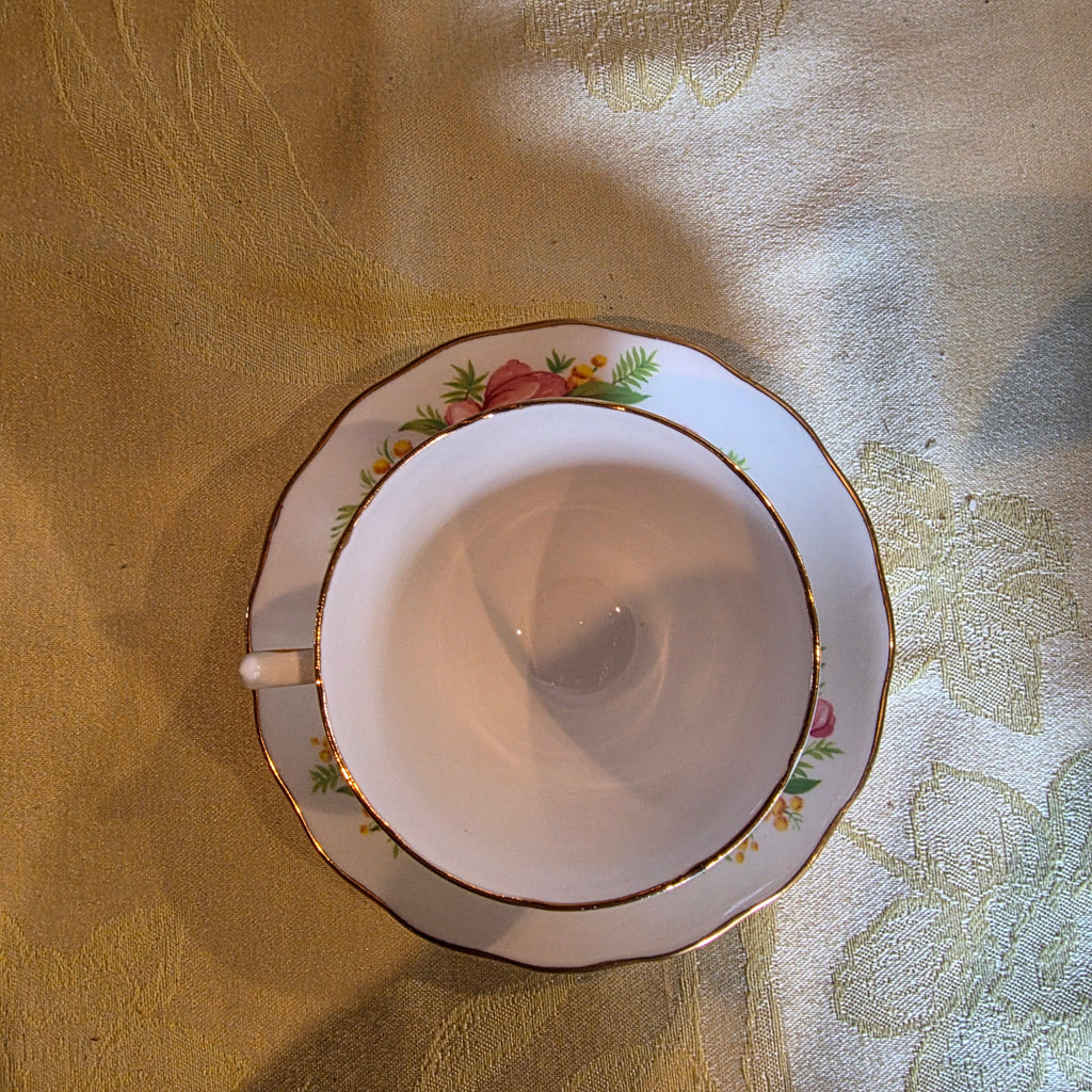 Vtg. English Bone China Royal Vale Cup & Saucer Pink Wild Rose with Gold Gilt Rim