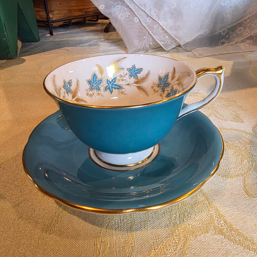 Vintage Aynsley Turquoise & Golden Wheat Fine Bone China Teacup Set