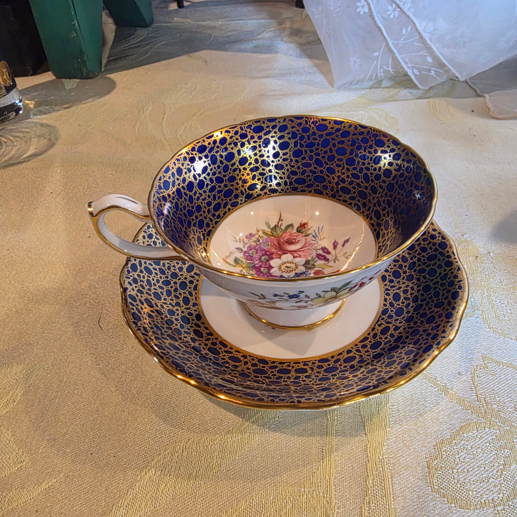 Vtg. Aynsley English Bone China cup & saucer - cobalt blue & heavy gold gilt filigree- floral interior
