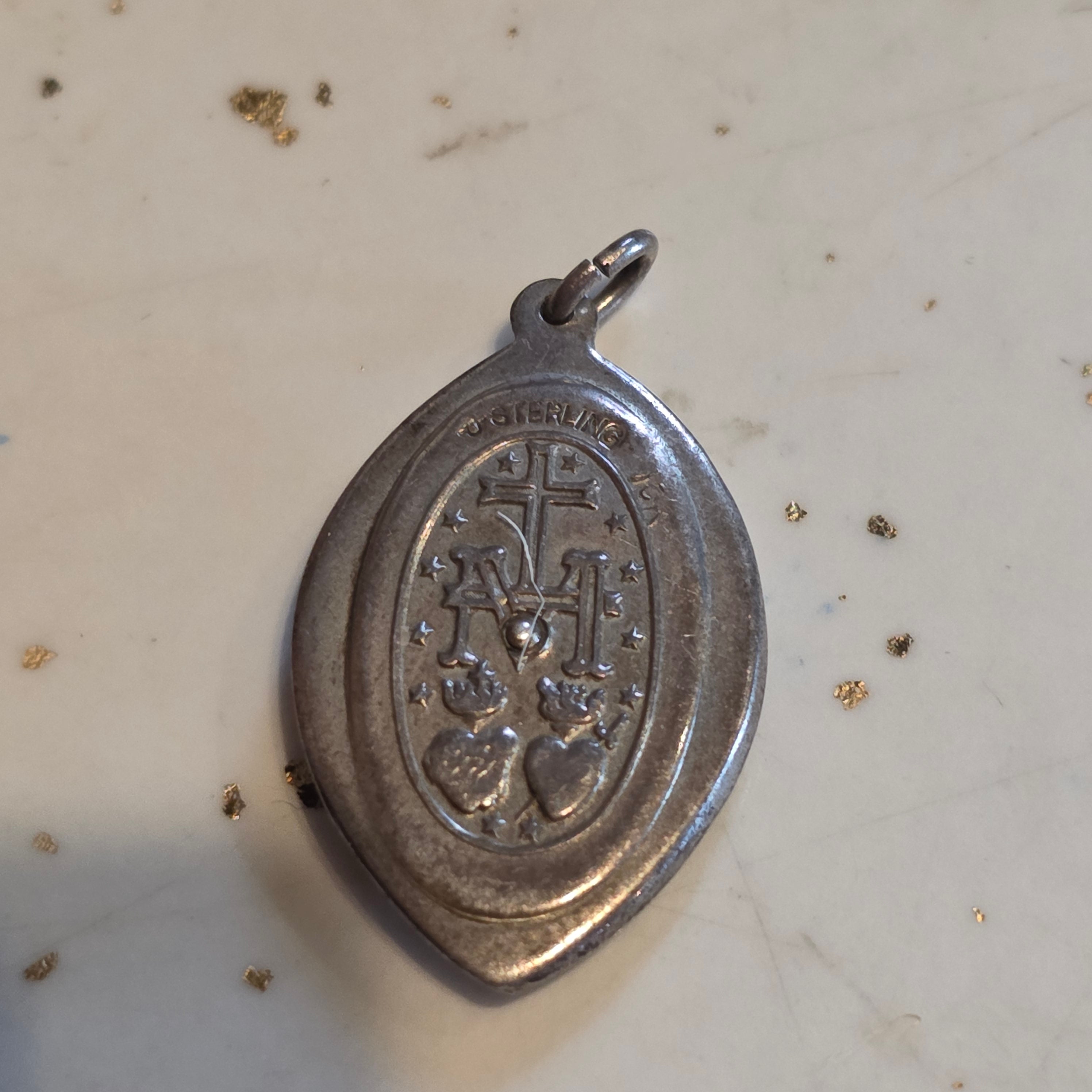 Vintage Catholic Virgin Mary Miraculous Medal sterling, 10k, marcasite