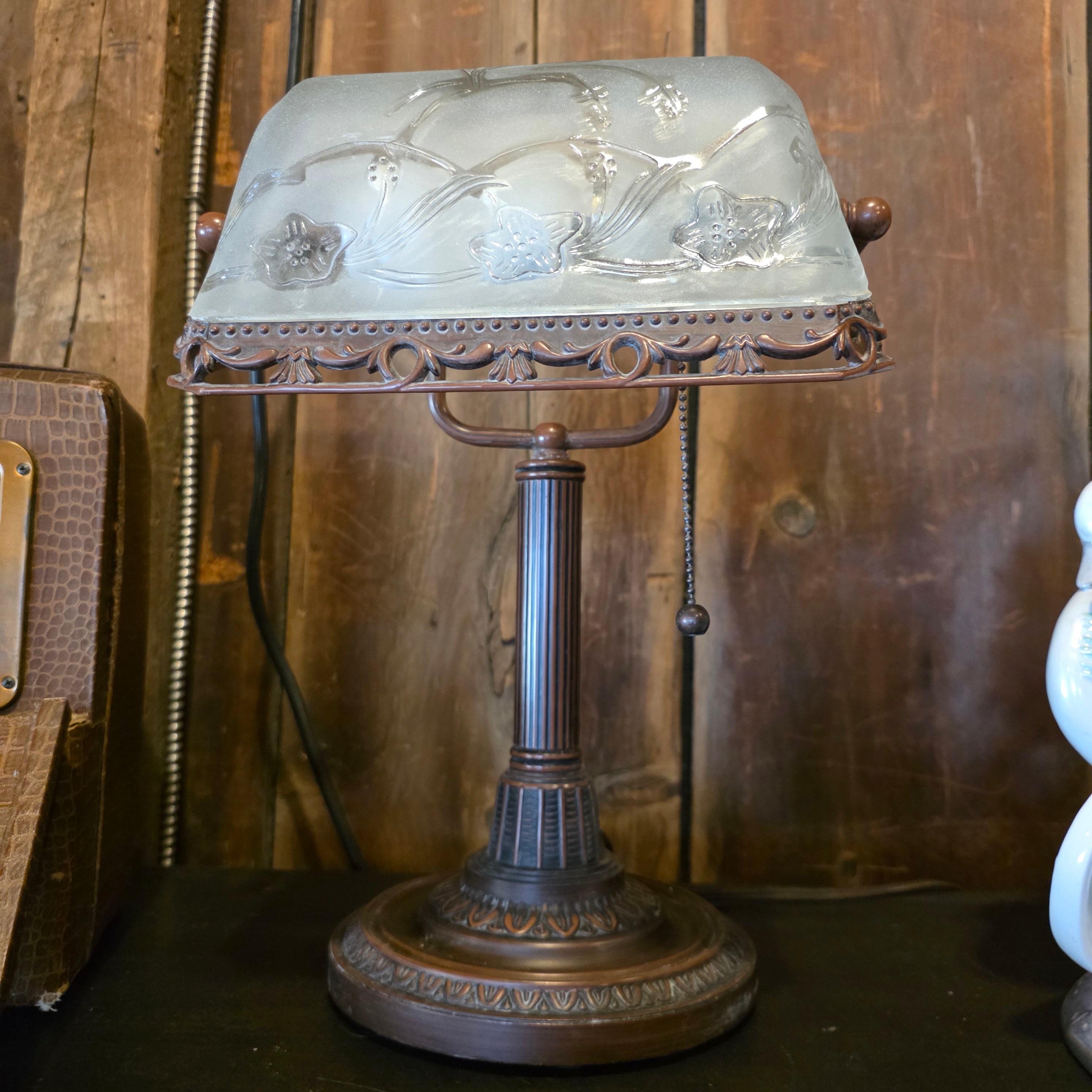 Vtg Bronze Bankers Lamp Frosted Etched Glass Shade Art Deco Desk Accent Light