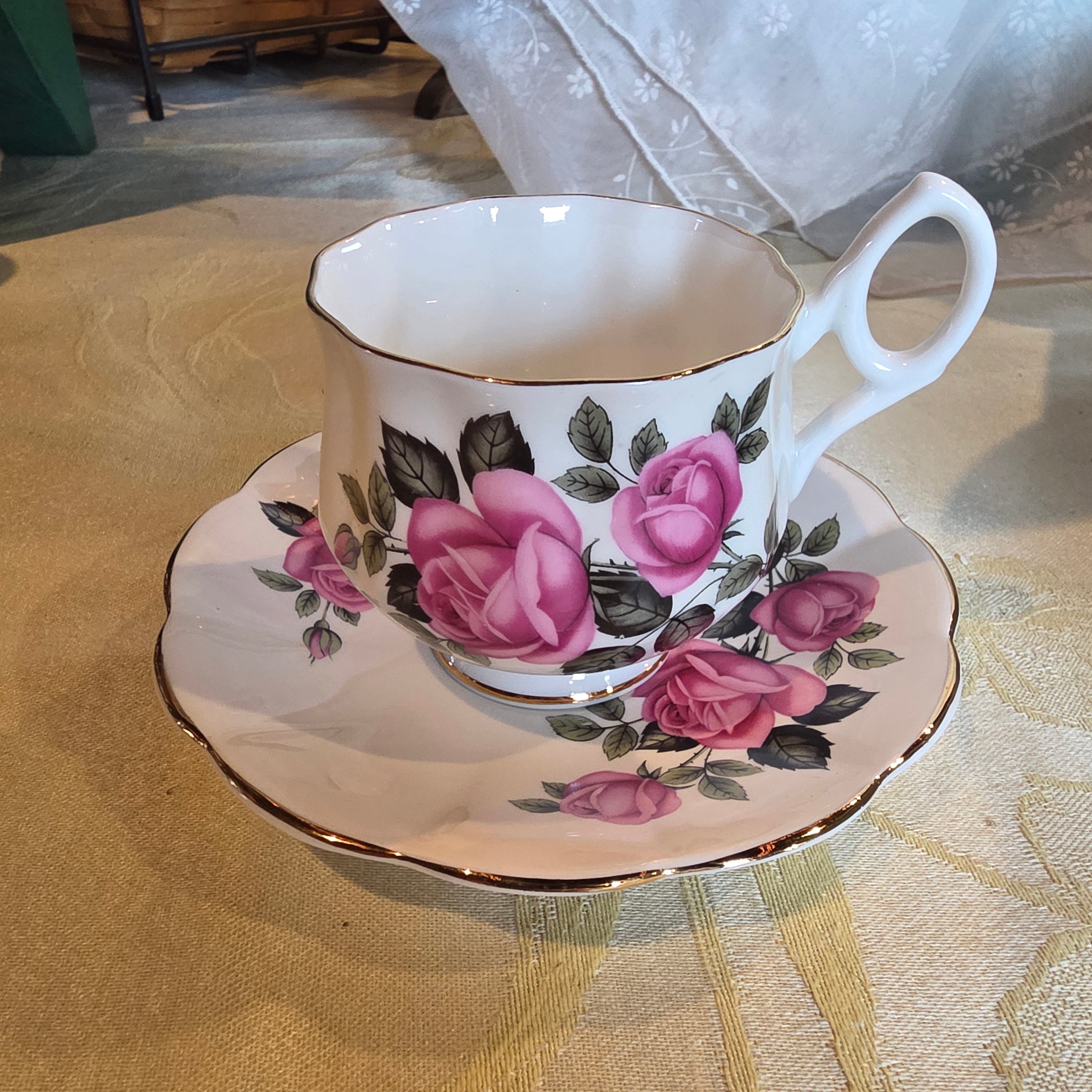 Vintage bone china cup & saucer made in England Pink Roses and gold trim