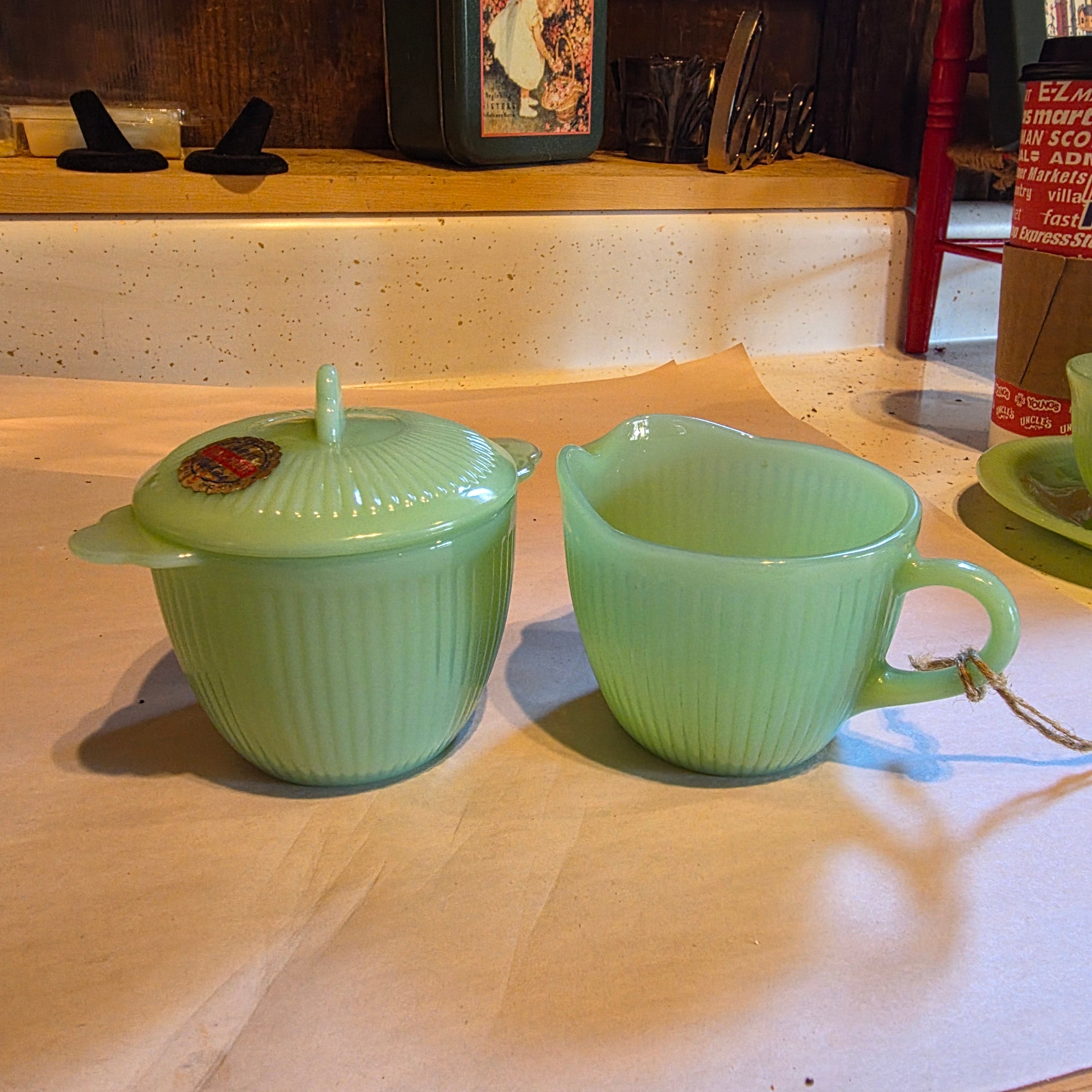 Fire King Jadeite Jane Ray Creamer & Sugar