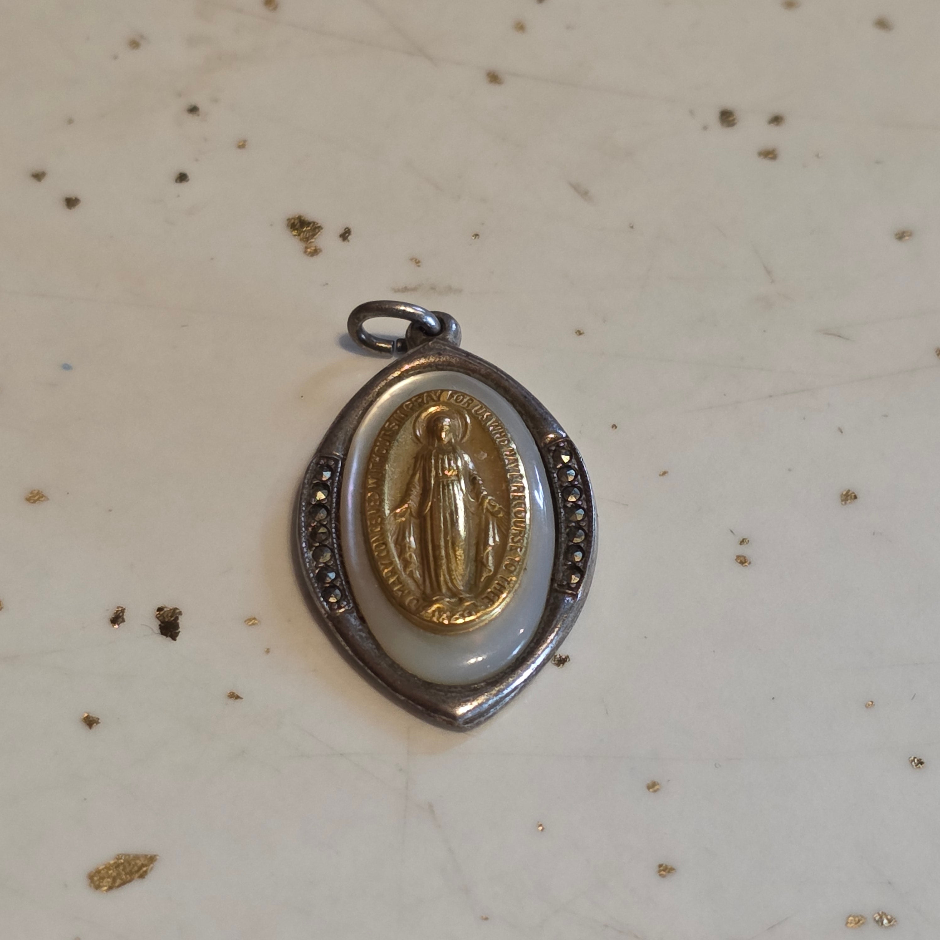 Vintage Catholic Virgin Mary Miraculous Medal sterling, 10k, marcasite