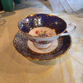 Vtg. Aynsley English Bone China cup & saucer - cobalt blue & heavy gold gilt filigree- floral interior