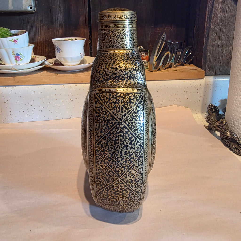 Antique 19thC Mughal Indo Persian Brass Pilgrim Flask Canteen Hand Cut Screw Top