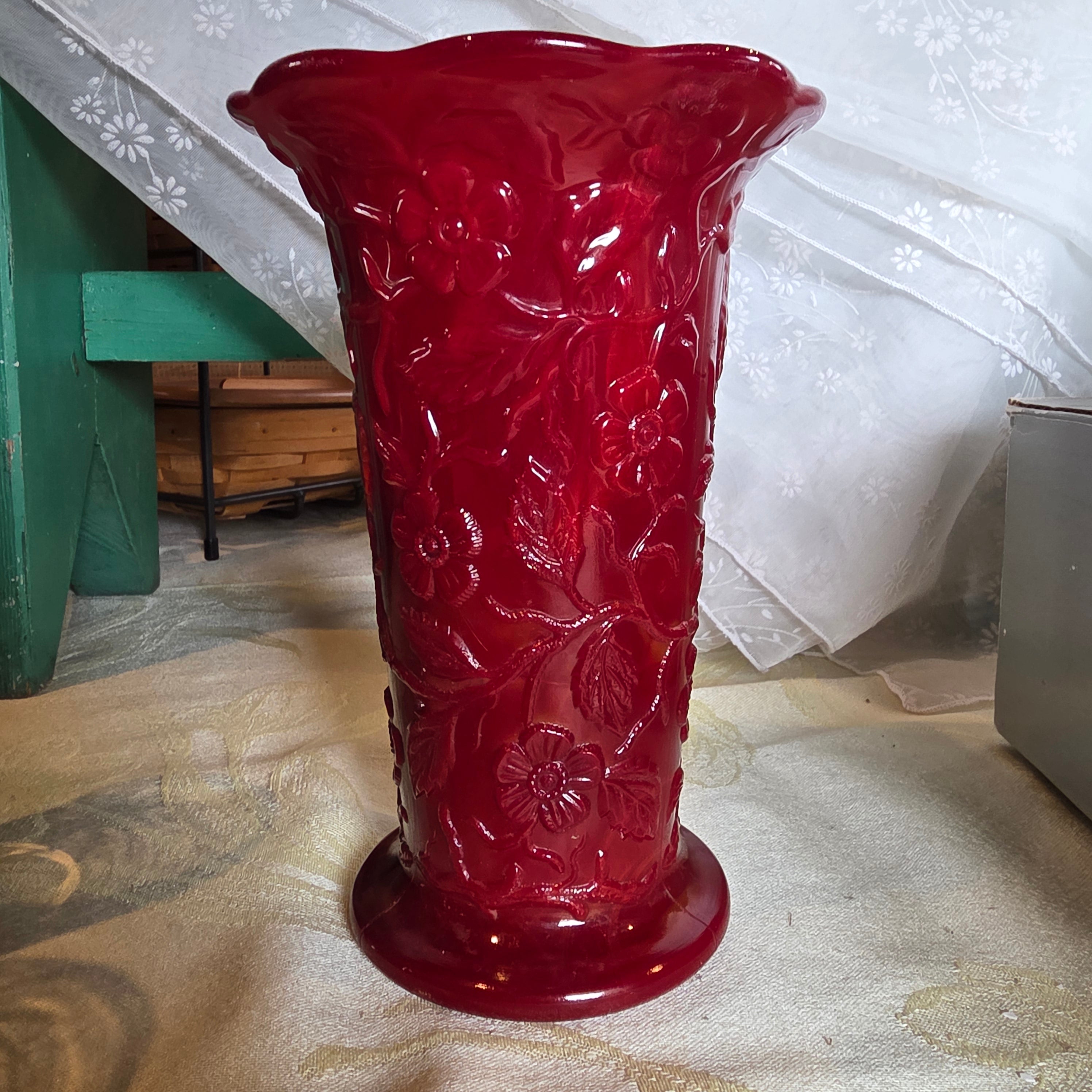 Vintage 1930s Fenton Mandarin Red Slag Glass Peacock Vase - Rare Art Glass Decor