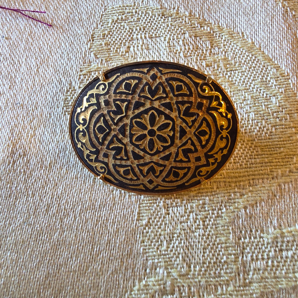 Vintage Spanish Damascene Oval Brooch – Geometric Floral Toledo Ware Pin
