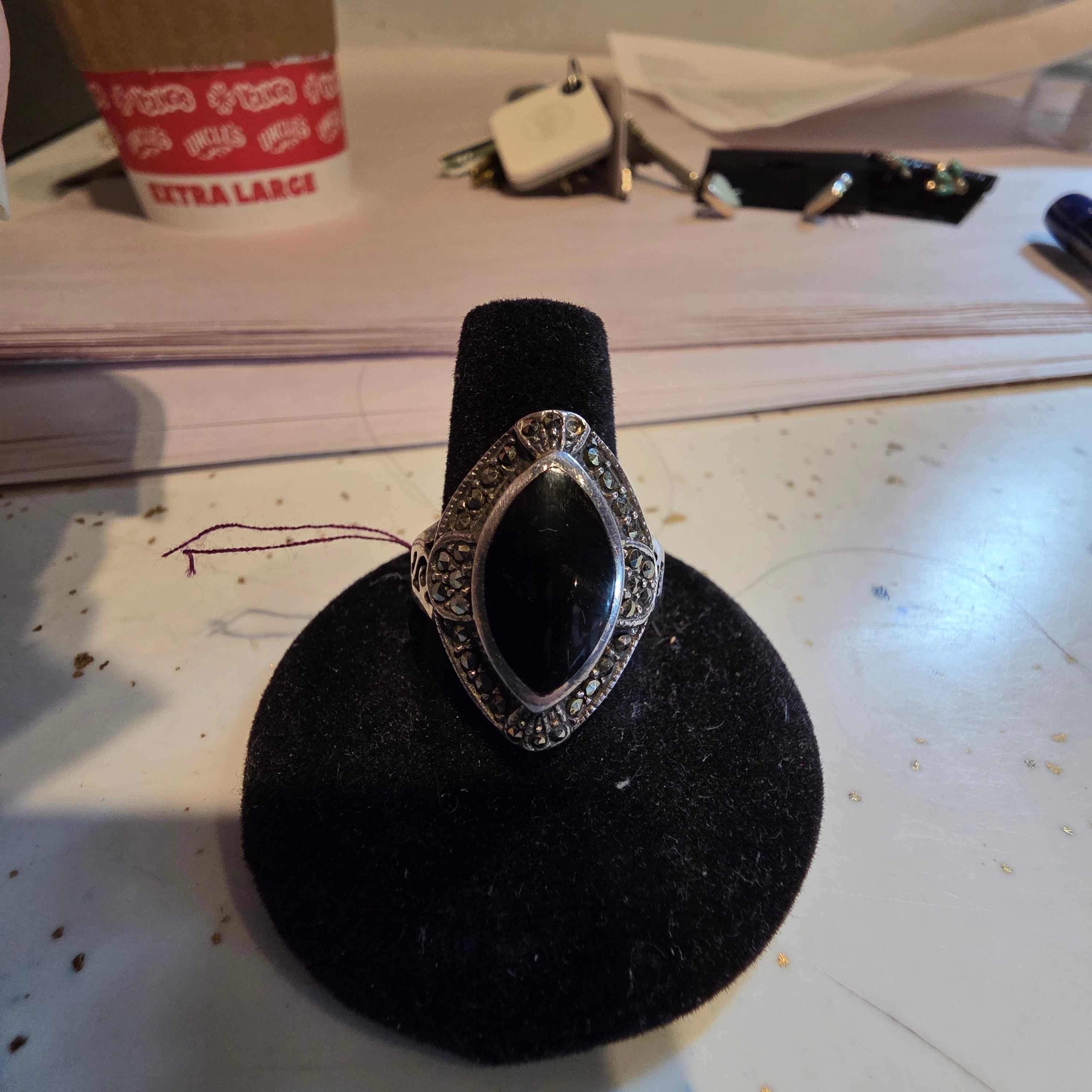 Sterling Onyx & Marcasite Ring