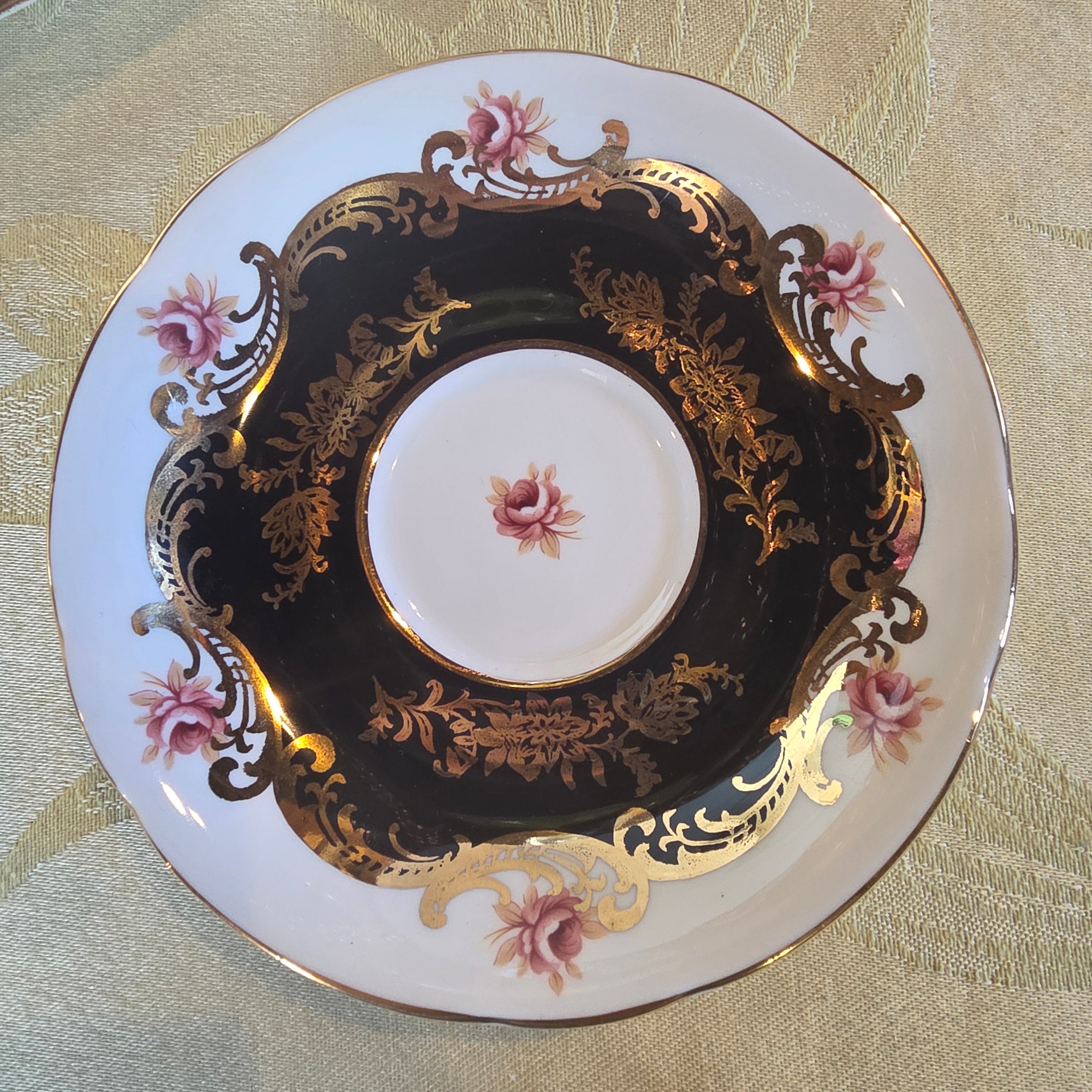 Paragon Pembroke F Black & Gold Cup and Saucer – Pink Floral Center, Vintage Bone China England, Heavy Gilt