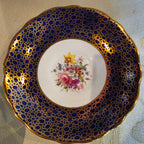 Vtg. Aynsley English Bone China cup & saucer - cobalt blue & heavy gold gilt filigree- floral interior