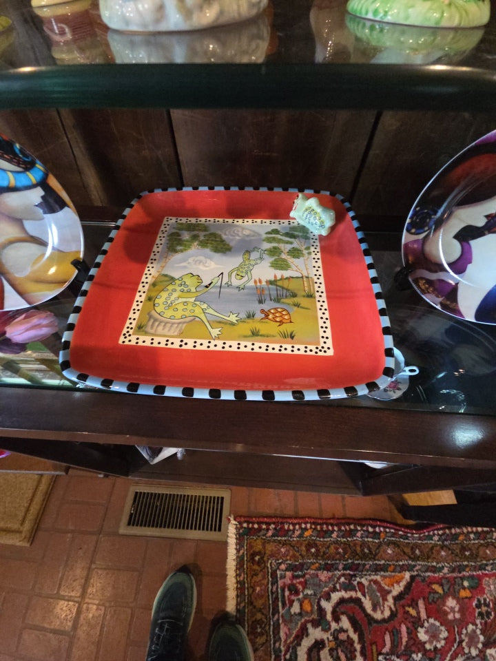 Zrike Eileen Tramonte whimsically designed serving platter featuring a frog scene.