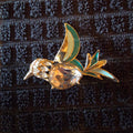 Hummingbird Brooch Pin Gold Tone Green Teal Enamel Clear Rhinestone Bird Jewelry