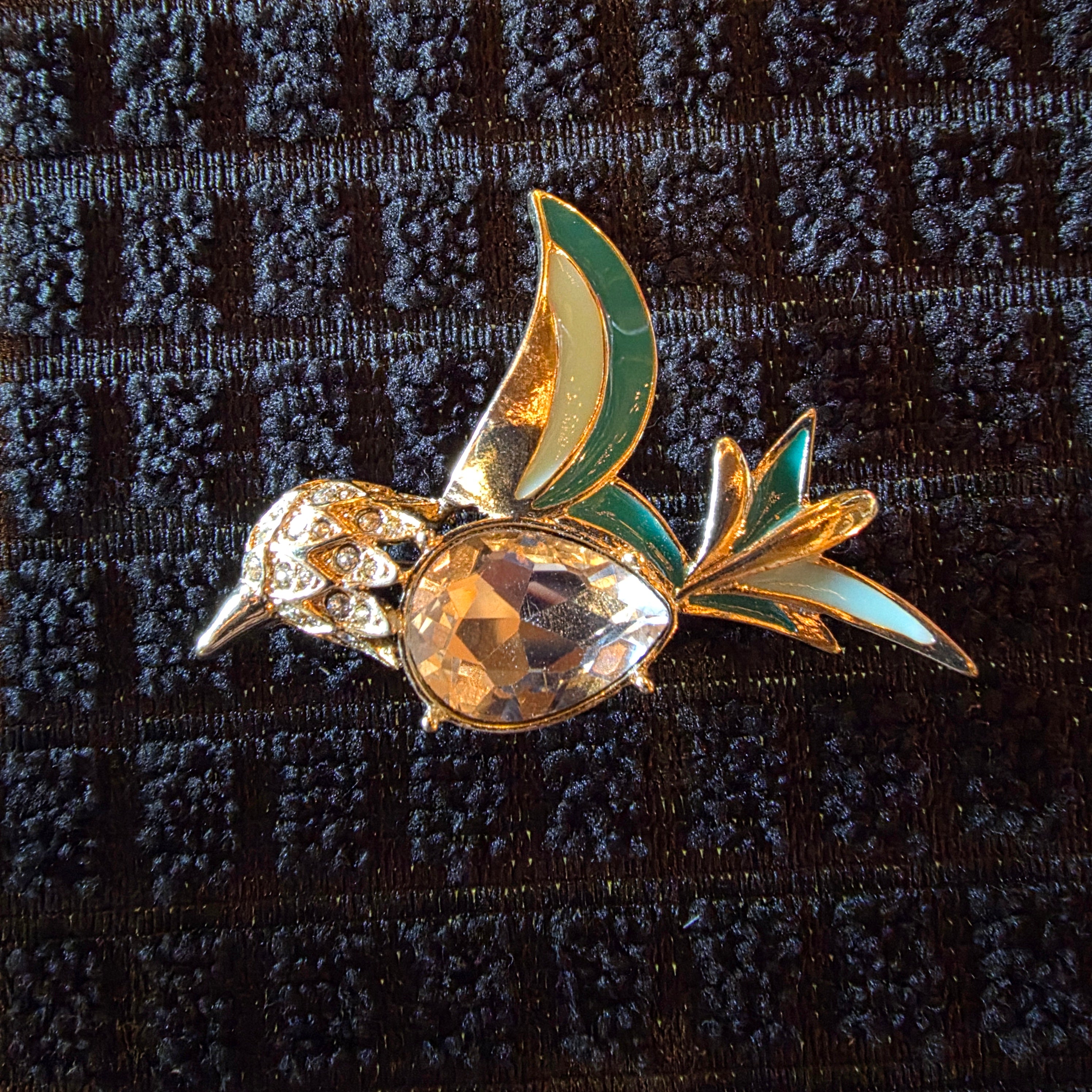 Hummingbird Brooch Pin Gold Tone Green Teal Enamel Clear Rhinestone Bird Jewelry