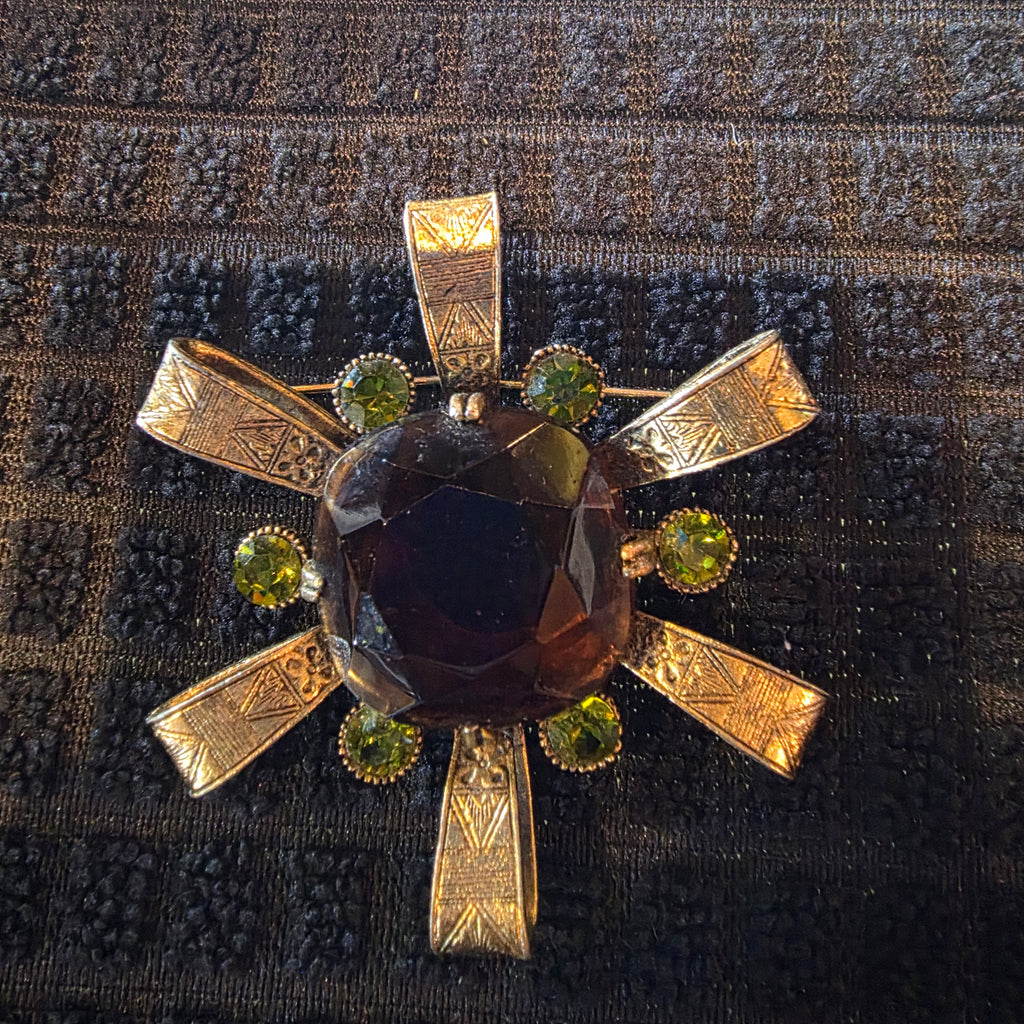 VTG Signed CAPRI Maltese Cross Brooch Pin Large Brown Cognac Glass Green Rhinestone