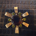 VTG Signed CAPRI Maltese Cross Brooch Pin Large Brown Cognac Glass Green Rhinestone