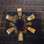 VTG Signed CAPRI Maltese Cross Brooch Pin Large Brown Cognac Glass Green Rhinestone