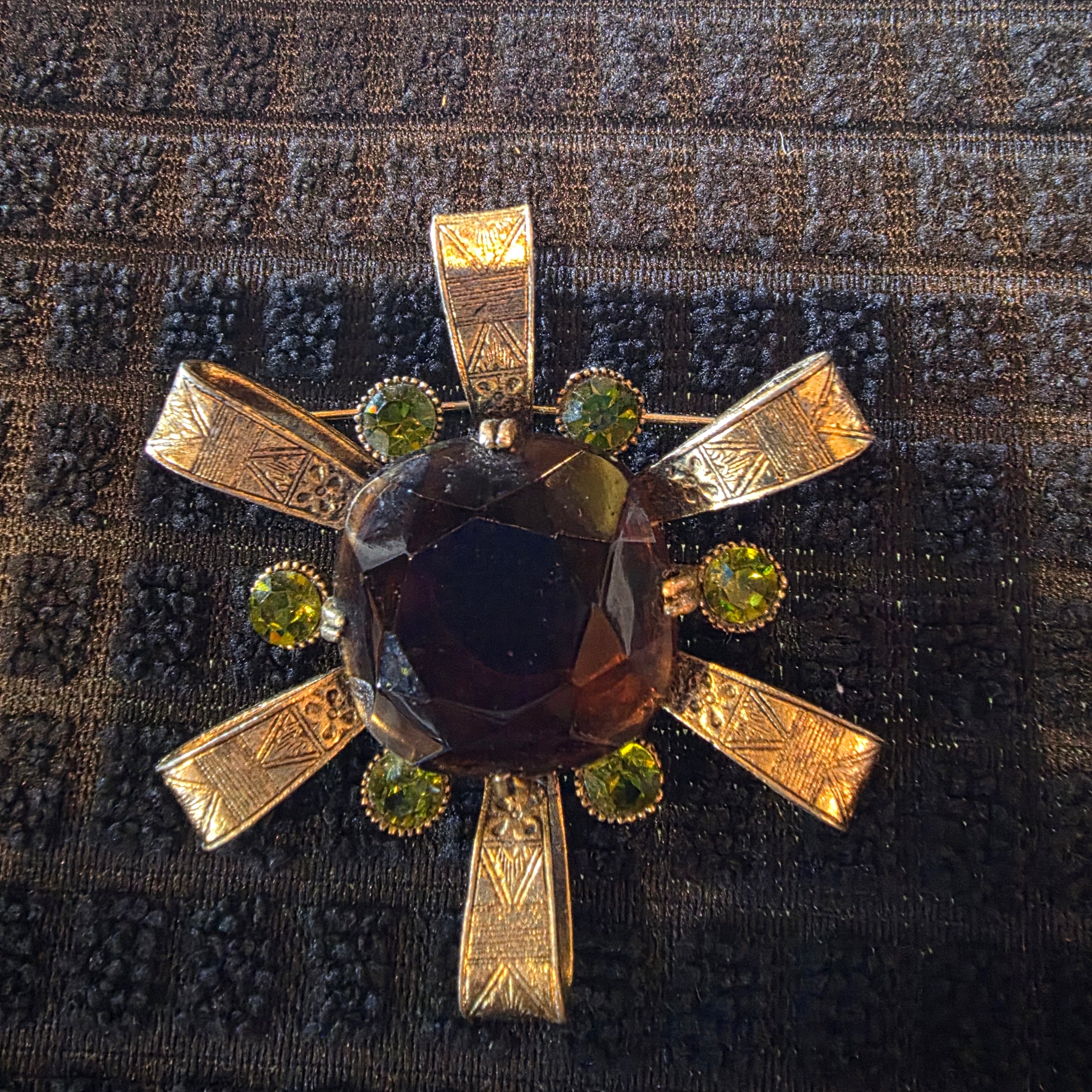 VTG Signed CAPRI Maltese Cross Brooch Pin Large Brown Cognac Glass Green Rhinestone