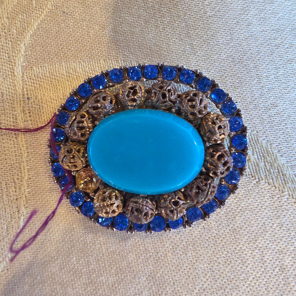 Vintage Faux Turquoise & Blue Rhinestone Gold Filigree Brooch