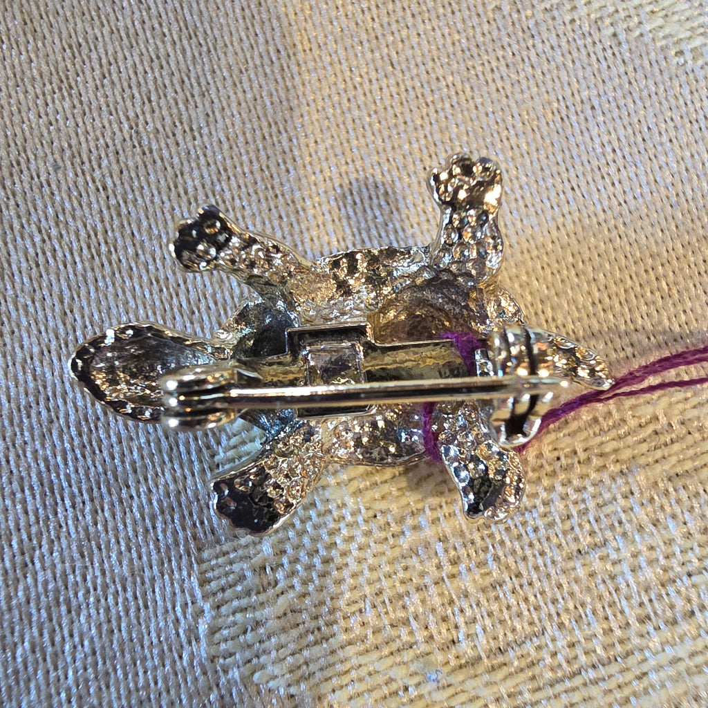 Vintage Gold Tone Green Enamel Turtle Brooch Pin with Red Rhinestone Eyes
