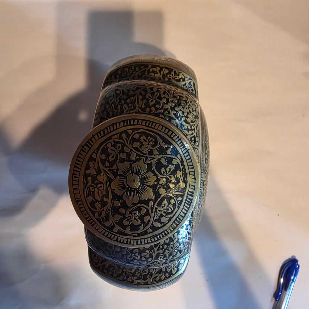 Antique 19thC Mughal Indo Persian Brass Pilgrim Flask Canteen Hand Cut Screw Top