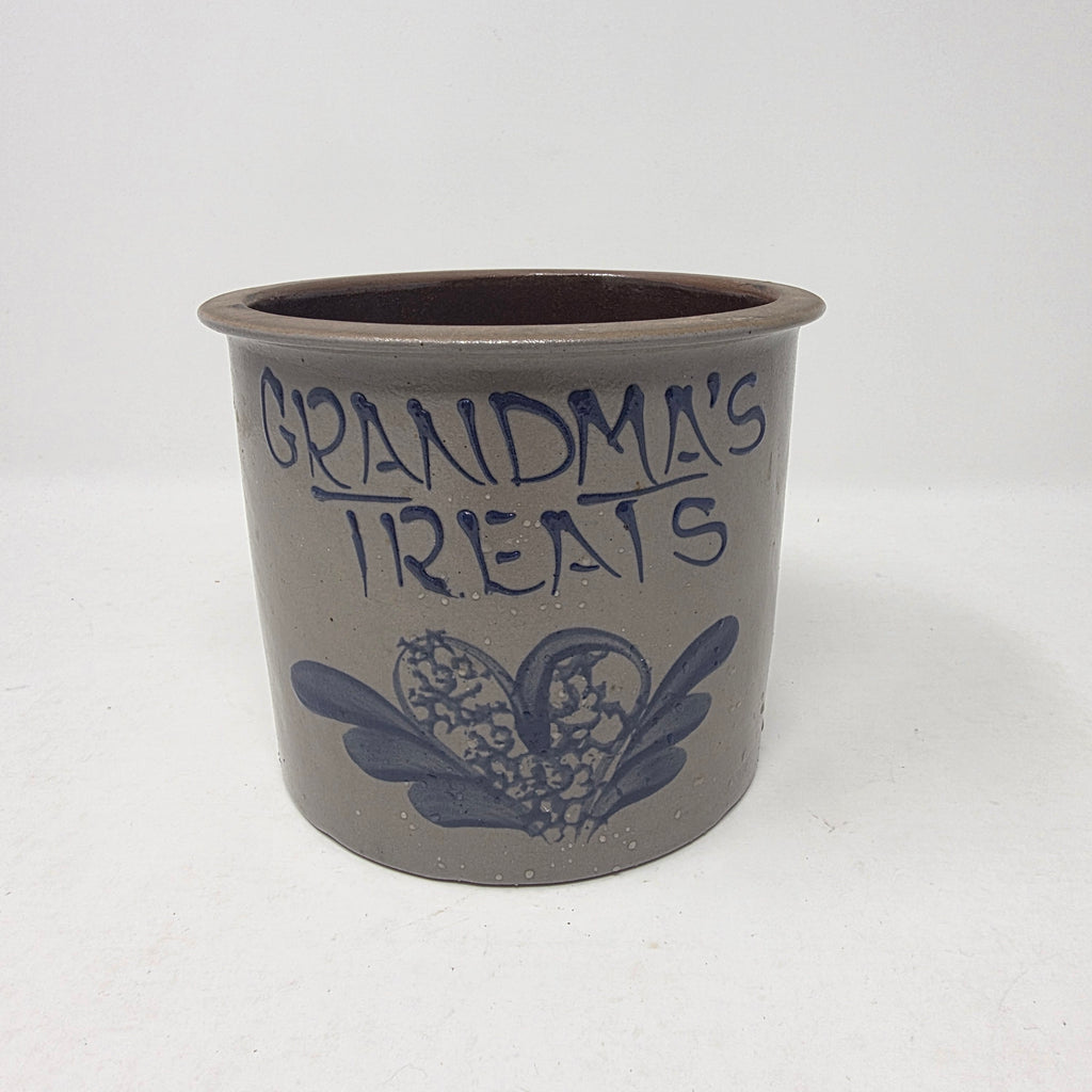 Vintage BBP Beaumont Brothers Salt Glaze Crock Grandma's Treats Blue Heart 1978