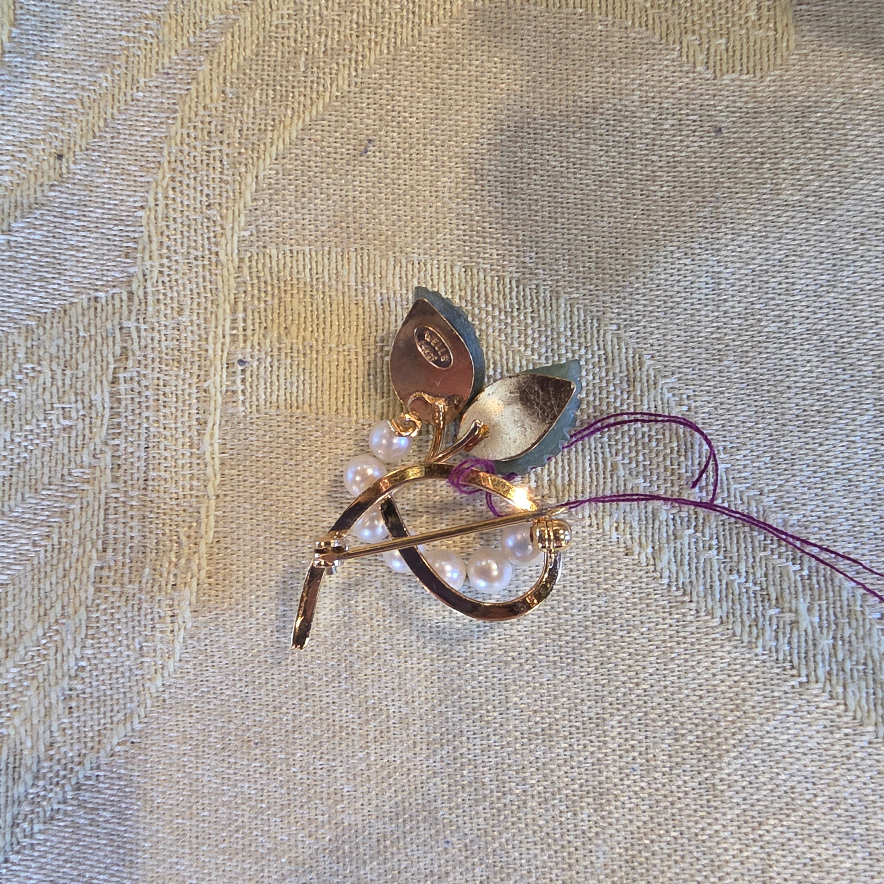 Vintage Mid-Century Modern Jade and Pearl Brooch - 14K Gold Filled Leaf Pin